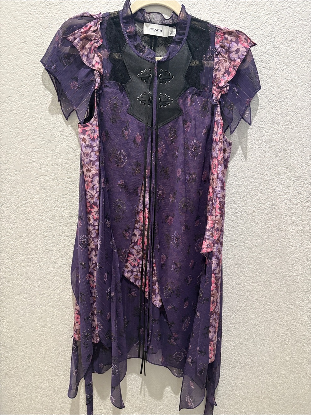 Coach 1941 Purple Tiered Chiffon Mixed Floral Patchwork Mini Dress Size 4